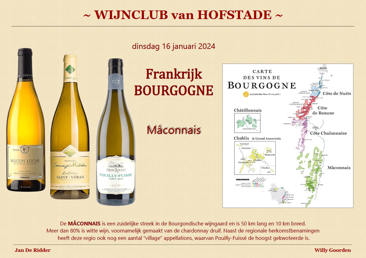 Wijnclub Hofstade - Frankrijk BOURGOGNE - dinsdag 16 januari 2024