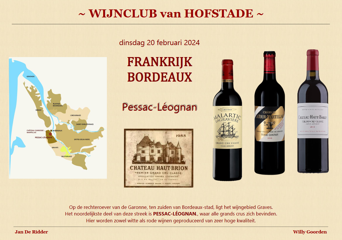 Wijnclub Hofstade BORDEAUX dinsdag 20 februari 2024