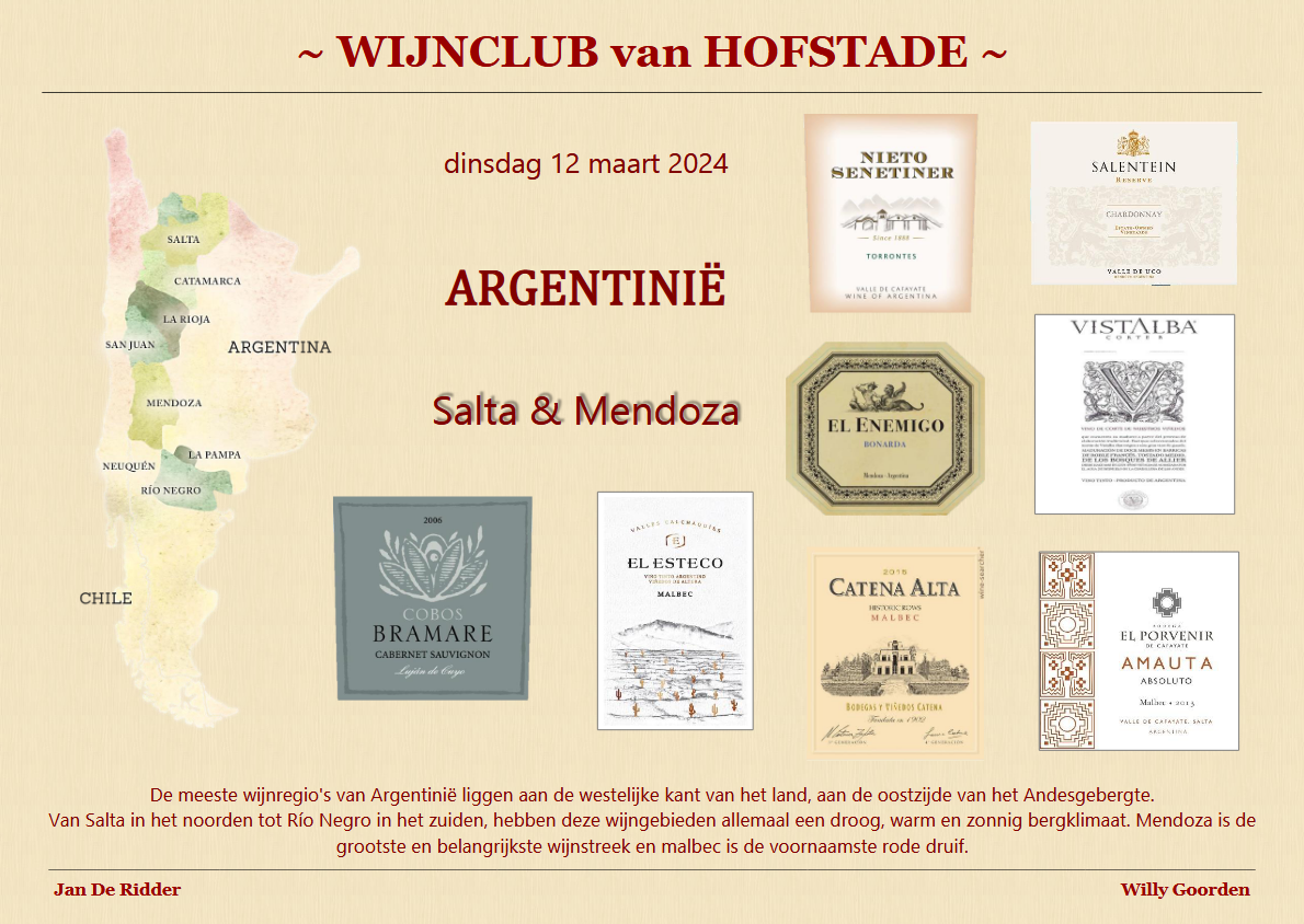 Wijnclub Hofstade - ARGENTINIË dinsdag 12 maart 2024